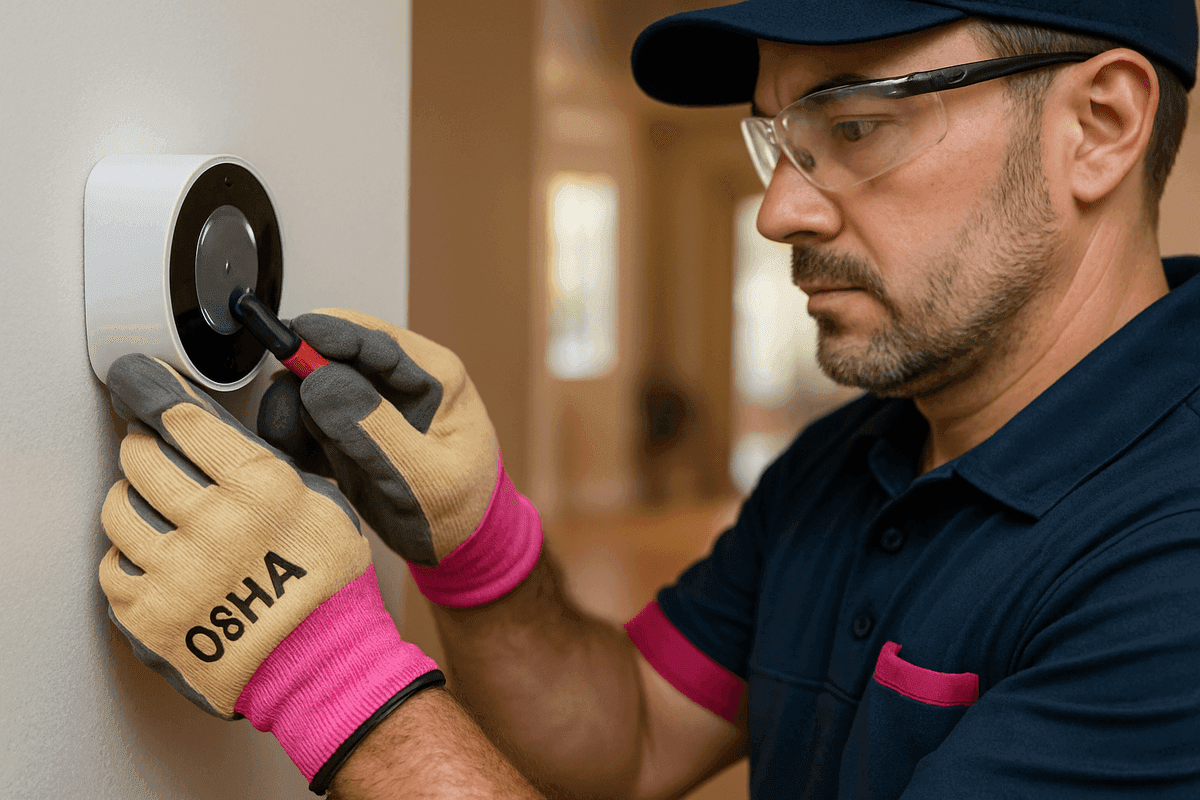Gloved hands adjusting modern thermostat in well-lit residential interior